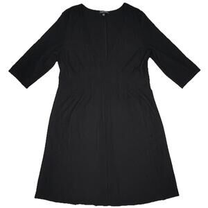Eileen Fisher Large Black Rayon Blend Stretch V-Neck 3/4 Sleeve Midi Dress P98C